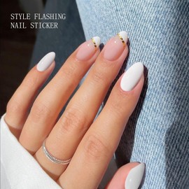 JMEOWIO Lámina de uñas UV endurecedora de oro blanco con purpurina para uñas postizas con punta de gel UV, pegatinas para uñas, decoración de uñas, accesorios para decoración de uñas