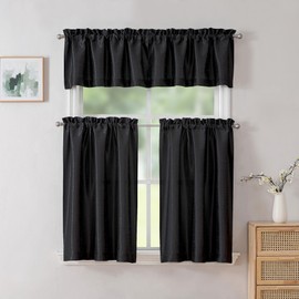 Chyhomenyc Uptown Black Kitchen Curtains 36 Inch Length, Faux Silk Room Darkening Privacy Short Tier Curtains for Small Window Farmhouse Bedroom Basement Bathroom, Each 30x36 Inch
