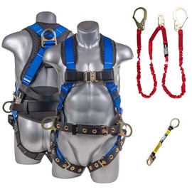 Palmer Safety Fall Protection Hammerhead Kit I 5pt Safety Harness, 6' Double Leg Lanyard, 18" D-Ring Extender (Blue - MD)