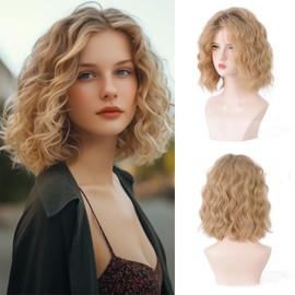 Short Ombre Blonde Wavy Wig for Women 14 Inch Shoulder Length Curly Wavy Bob Wig Short Wavy Wigs Natural Looking Heat Resistant Synthetic Curly Wig for Daily Party Use (Ombre Blonde, 14 inch)