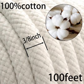 JANJOSN 100 Feet 3/8 Inch Braided Cotton Rope - Soft White Cotton Rope for Clothesline, Swing, DIY, Baskets