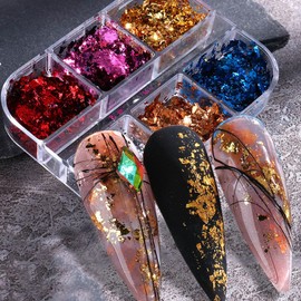 Holographic Nail Art Glitters 6 Grids Nail Foil Flakes Nail Art Supplies Confetti Sparkly Aluminum Foil Flake Sequins Irregular Foil Glitter Nail Design for Acrylic Nails Decorations Accessories Craft