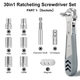 30in1 Screwdriver Set S2 Steel Ratchet Wrenches set, 36-Tooth Right Angle Screwdriver for Tight Spaces, EDC Tool Set with Slotted/Phillips/Pozidriv/Hexagon/Torx/Square and Adapter for 1/4"Socket