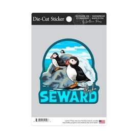 Die Cut Sticker Seward, Alaska, Puffins on Rock, Contour Vinyl Sticker 3 to 6 inches, (Waterproof Decal for Cars, Water Bottles, Laptops, Coolers), Large