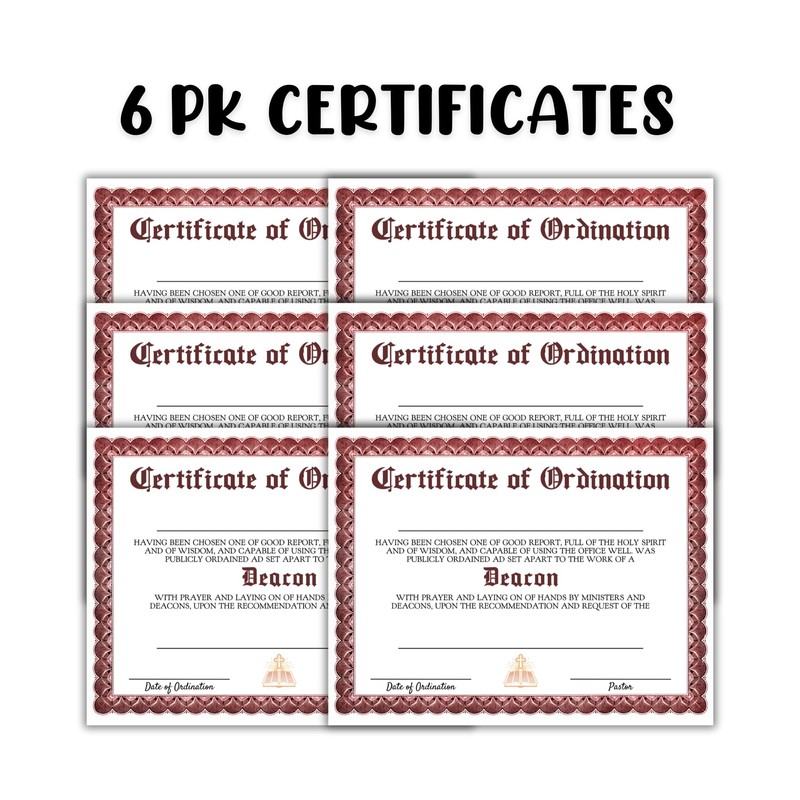 Deacon Certificate of Ordination License 6pk Linen Paper 8.5x11” New