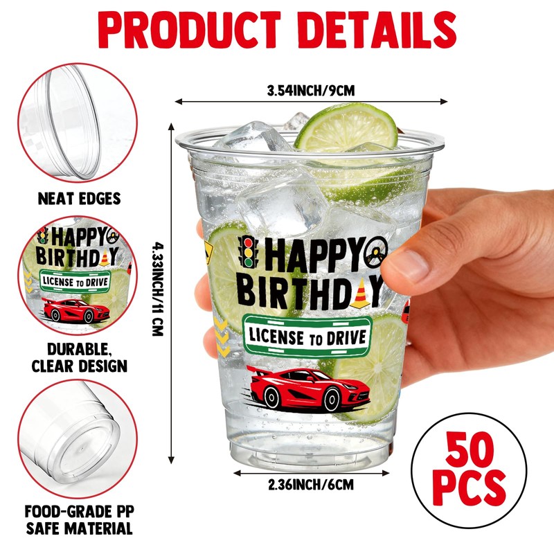 50 PCS Driver License Birthday Plastic Cups,12 OZ Clear Disposable