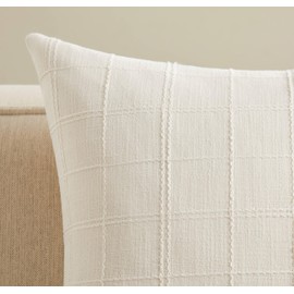 ZeeMart Linen Checked Throw Pillow Covers Set of 2, 16x16 Inch Ivory/Cream, Farmhouse Decorative Single Sided Grid Embroidered Couch Pillow Cases Off White Cotton Linen Cushion Covers