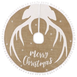 N&T NIETING Burlap Christmas Tree Skirt, 30 Inch Double Use Hessian Tree Mat with Reindeer Antlers Tree Base Cover for Holiday Xmas Home Decoration