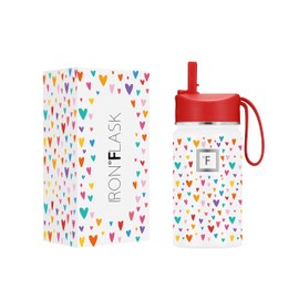 IRON °FLASK Kids Water Bottle - Straw Lid, 20 Name Stickers, Vacuum Insulated Stainless Steel, Double Walled Tumbler Travel Cup, Thermos Mug - Rainbow Hearts, 14 Oz