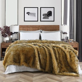 Luxury Plush Faux Fur Blanket Queen Size, Long Pile Golden Yellow with Black Tips Blanket, Oversized Super Warm, Fuzzy, Elegant, Fluffy Decorative Blanket for Sofa, Armchair, Couch and Bed, 90"x90"