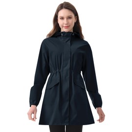 iCreek Women's Long Rain Jacket Waterproof Lightweight Packable Raincoat Hood Outdoor Windbreaker for Hiking, Cycling, Travel (Navy Blue, Medium)