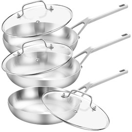 Yeksum 3 Ply Stainless Steel Pan 8" 10" 12", Stainless Steel Frying Pan Set, Large Frying Pan, Fast & Even Heating, Up to 650°, Oven & Dishwasher Safe,Compatible with All Cooktops