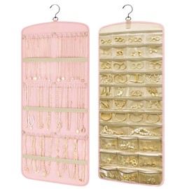 Aucuu Dual-sided Jewelry Organizer Hanging, Hanging Jewelry Organizer, Jewelry Roll with Metal Hooks, 39 Pockets and 3 Wave-Shaped Hooks, Double Side Large Jewelry Holder for Earrings Necklaces Rings