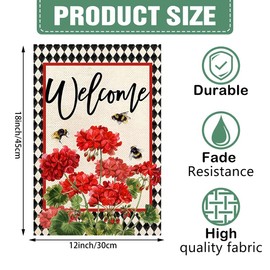DMERBYL Spring Summer Geranium Welcome Garden Flag Double Sided Summer Bee Red Floral Buffalo Plaid Small Burlap Yard Flag House Seasonal Farmhouse Outside Outdoor Decoration 12.5 x 18 Inch