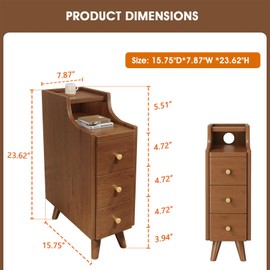 Narrow Nightstand, Walnut Solid Wood Small Thin Nightstand Narrow Bedside Tables for Small Spaces Living Room, Mid Century Modern Slim Skinny Nightstands with 3 Drawers, Night Stand