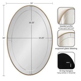 Kate and Laurel Gwendolyn Antique Beaded Oval Wall Mirror, 24 x 36, Gold, Sophisticated Vintage Bathroom Mirror Wall Decor with Engraved Groove Detailing