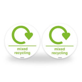 Set of 2 Mixed Recycling Bin Signs, 95mm Waterproof Indoor/Outdoor Stickers, Wheelie Bin and Waste Containers WRAP Signs