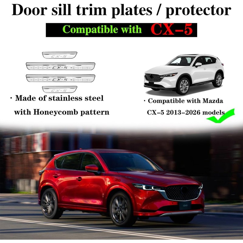 Steel Chrome Door Sill Protector for Mazda CX-5 2013-2025, Honeycomb-Pattern
