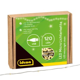 Idena 31483 - Catena luminosa LED Micro con 120 LED in bianco caldo, alimentazione USB, con interruttore, per uso interno, per feste, Natale, decorazione, matrimonio, come luce d'atmosfera