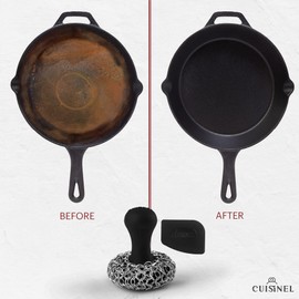 Cuisinel Cast Iron Chainmail Scrubber + Pan Scraper - Ergonomic Design Stainless/Silicone Cleaner for Pots & Skillets - Easy to Clean, Dishwasher Safe, Cookware Sponge Accessory