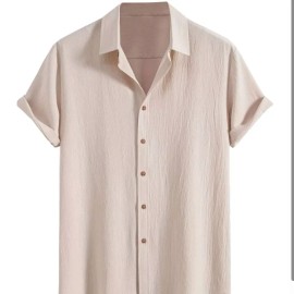 Men's Wrinkle Textured Button Down Shirts Short Sleeves Casual Summer Beach Shirt Hawaiian ShirtsColor: Khaki, Size: S