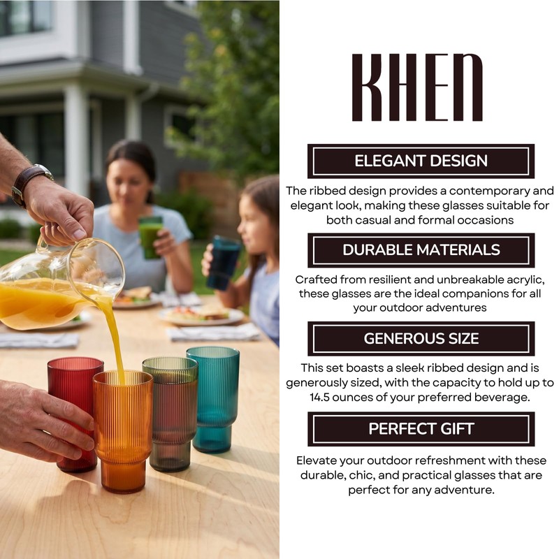 Khen Shatterproof Acrylic Tall Drinking Glasses Set, European Style, Dishwasher