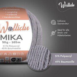Wollidu Mika 51% Polyacrylic, 49% Cotton for Crochet and Knitting, 10 x 50 g/165 m, Oeko-Tex Knitting Yarn, Crochet Yarn - Stone Grey