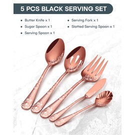 EUIRIO Stainless Steel Copper Serving Utensils Large Serving Spoon Set Serving Fork Slotted Spoon Buffer Knife and Sugar Spoon Kitchen Party Supply (Rose Gold,5 Pieces)