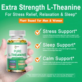 L Theanine Softgels, Extra Strength Pure L-Theanine 400mg for Stress Relief,Relaxation,Sleep & Calm Support, Plant Based Theanine Supplement for Men & Women, Non-GMO & Gluten-Free,120 Vegan Capsules