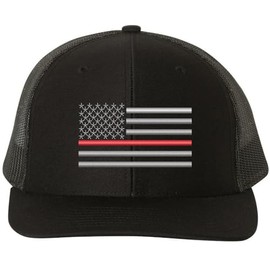 Thin Red Line USA Flag Snapback Trucker Hat Adjustable Mesh Back Baseball Cap (Black)