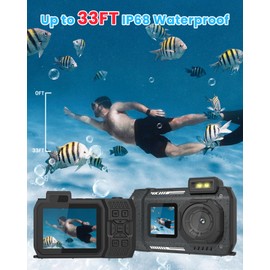 33FT Underwater Camera with 64G Card, 4K 48MP Waterproof Camera Rugged Dustproof Shockproof for Snorkeling, Autofocus Selfie Digital Camera for Diving, Dual-Screen Underwater Photograph Camera (Black)