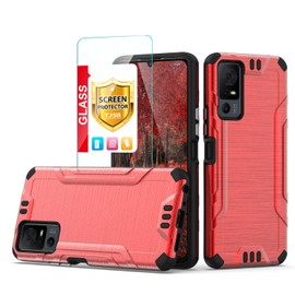 TJS Case for TCL 40 XL & T608DL, Jitterbug Smart4 Case with Tempered Glass Screen Protector, Magnetic Support, Hybrid Shockproof, Metallic Brush Finish (Red)