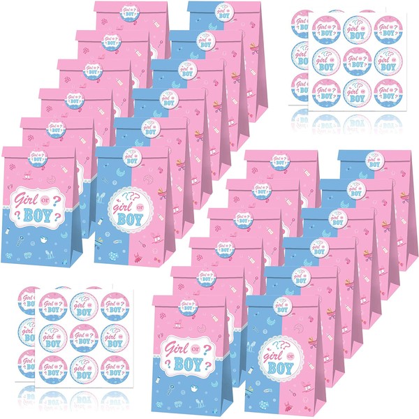 GUGELIVES 24 Pack Gender Reveal Party Favor Paper Gift Bags with Stickers, Boy or Girl Printed Cookie Candy Bag for Gender Reveal Baby Shower Kids Birthday Partys