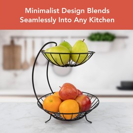 Spectrum Yumi 2 Tier Fruit Basket Server for Kitchen Counter Storage Fruit Vegetable Organizer, Modern Decor Tiered Fruit Bowl Stacked Basket Keeps Produce Elevated for Even Ripening, Black
