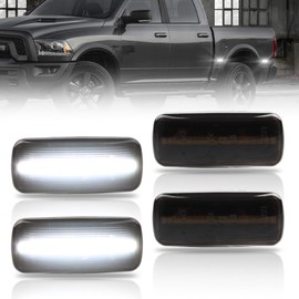 OFFKAT Front & Rear Fender LED Side Marker Lights for 2010-2017 Dodge RAM 1500 2500 3500, Ram Smoked Lens Side Bumper Marker Lamps, White LED Side Markers Turn Signal Lights, 4 PCS