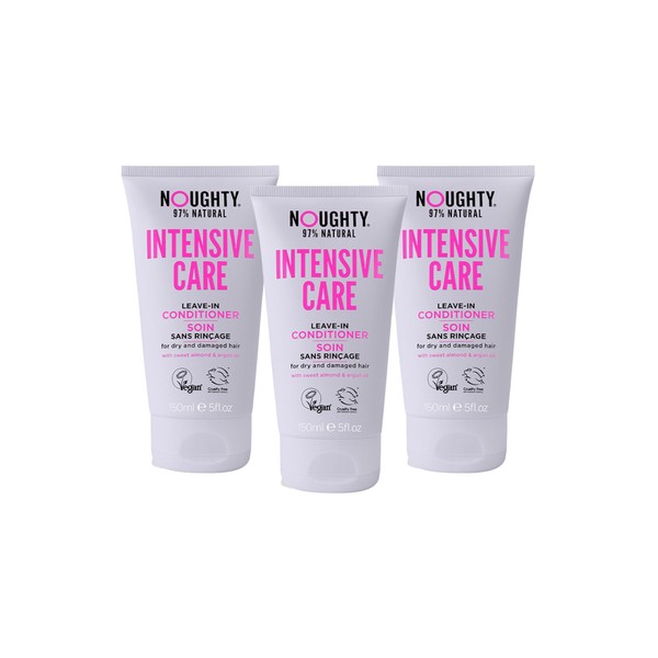 Noughty 97% Natural Intensive Care Leave In Conditioner, Vegan Haircare, Hydrating Formula for Dry, Frizzy and Damaged Hair, with Sweet Almond and Argan Oil, 3 x 150 ml Trio