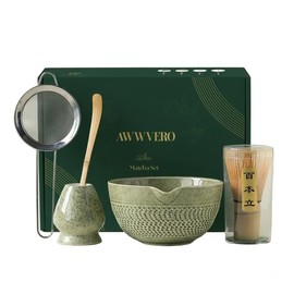 AWWVERO Matcha Set 5 pcs Matcha with Whisk Set and Bamboo Stick Green (5, Matcha Colour)