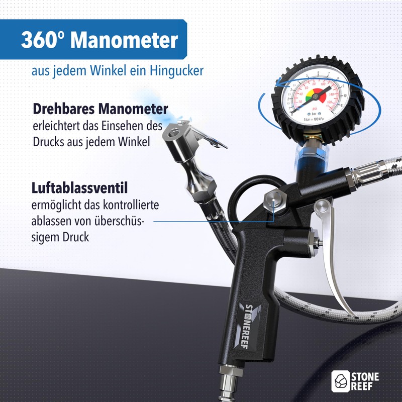 Tyre Inflator with Pressure Gauge [Includes Adapter & Replacement Caps]