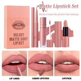 Matte Lipstick Set - 3PCS Nude Lipstick Long Lasting Lipliner Pencil - All-IN-One Lip Filler Lip Gloss Liquid Lip Stick Kit - Lip Liner Set Lip Makeup Kits for Women Girls Daily Makeup
