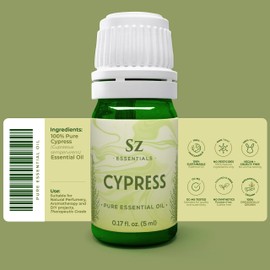 Sz Essentials - Cypress Essential Oil (Cupressus sempervirens) - 100% Pure & Undiluted - Fresh Crisp & Woody Aroma with Overtones of Earth and Evergreen - Therapeutic Grade and Vegan - 0.17 oz (5ml)