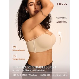 OEAK Womens Strapless Bras Wireless Non-Slip Tube Top Push Up Bralette Seamless Padded Bandeau Bra Everyday Convertible Bra Nude 36B