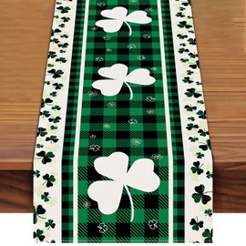 St. Patrick's Day Plaid Shamrock Table Runner 72 x 13 Inch, Green and White Clover Checkered Pattern Table Cover for Irish Holiday Celebration, Perfect for Home, Party, Kitchen Dining Mantel Decor