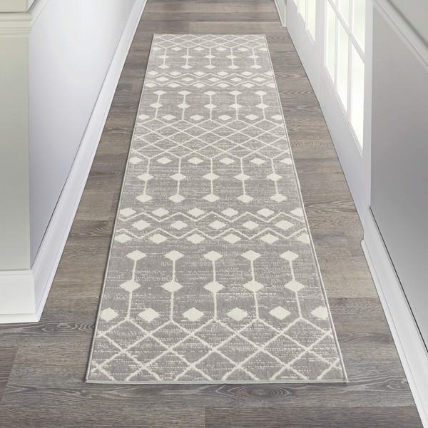 Nourison Grafix Moroccan Grey 2'3" x 10' Area Rug, Easy Cleaning, Non Shedding, Bed Room, Living Room, Dining Room, Kitchen (2x10)