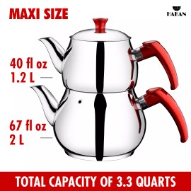 Hakan Stainless Steel Double Bondy Turkish Self-Strained Teapot Set - Maxi - 107 oz (3200 mL)