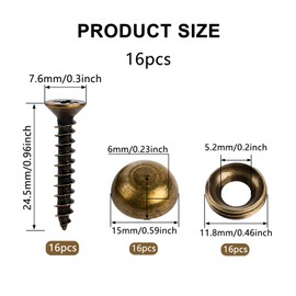 Brass Decorative Screws with Caps, 16 Pcs Wood Screws for Cabinet Doors, Windows & Mirrors (15mm)