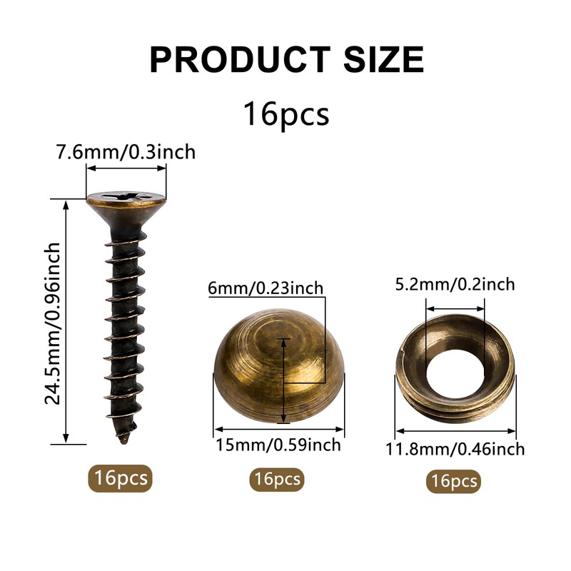 Brass Decorative Screws with Caps, 16 Pcs Wood Screws for