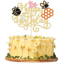 Paquete de 1 decoración para tartas de feliz día de abeja, abejorro, feliz cumpleaños, decoración para tartas con temática de abeja, baby shower, niños, niñas, fiesta de cumpleaños, decoración de pasteles, color dorado