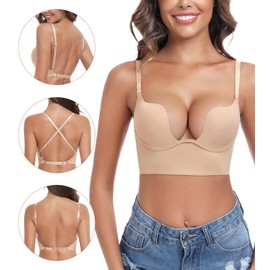 Lemorosy Women's Backless Push Up Low Cut Convertible Multiway Underwire Padded Bra(Beige,32C)