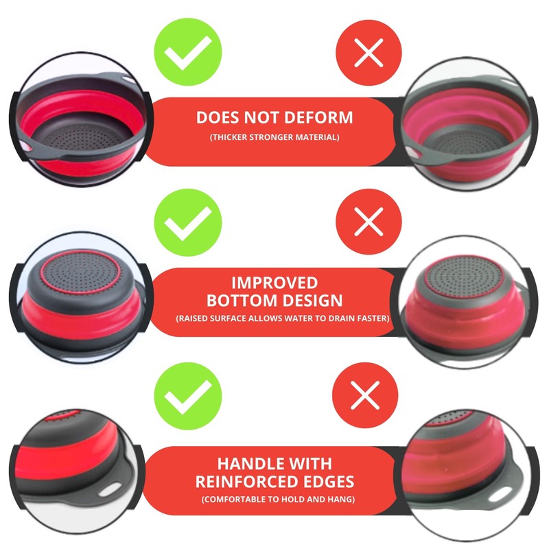 Red Kitchen Strainer Colander Set - 2 PCS Silicone Food