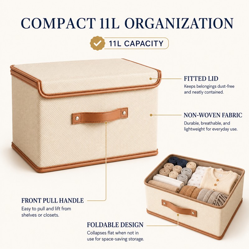 11L Beige Non-Woven Fabric Clothes Storage Box with Lid, Wardrobe